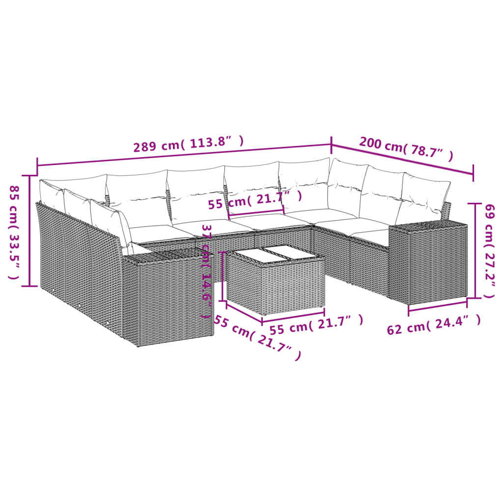 Set Divani da Giardino 10pz con Cuscini in Polyrattan Nero 3255343