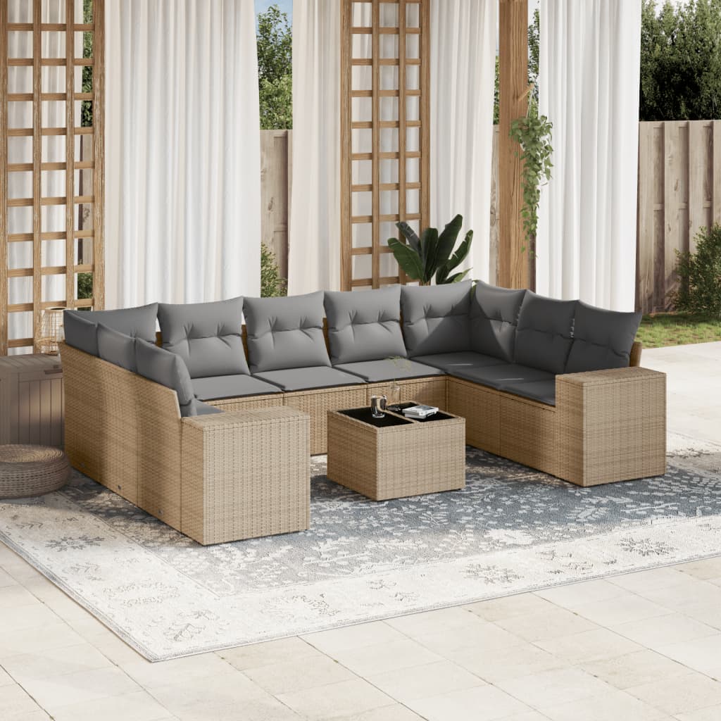 Set Divano da Giardino 10 pz con Cuscini Beige in Polyrattan 3255346