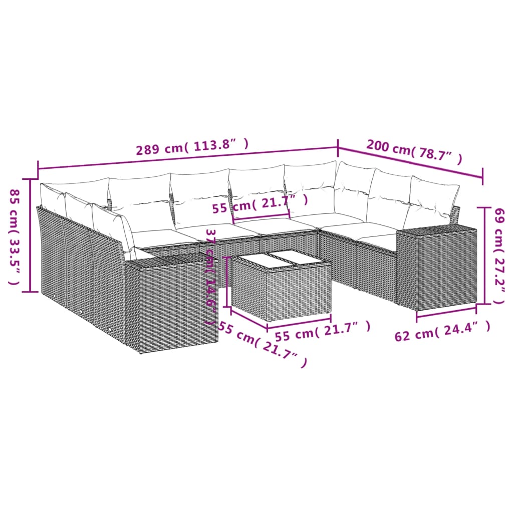 Set Divano Giardino 10 pz con Cuscini Grigio Chiaro Polyrattan 3255349