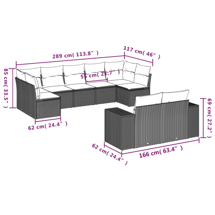 Set Divano da Giardino 9pz con Cuscini Grigio Chiaro Polyrattan 3255359