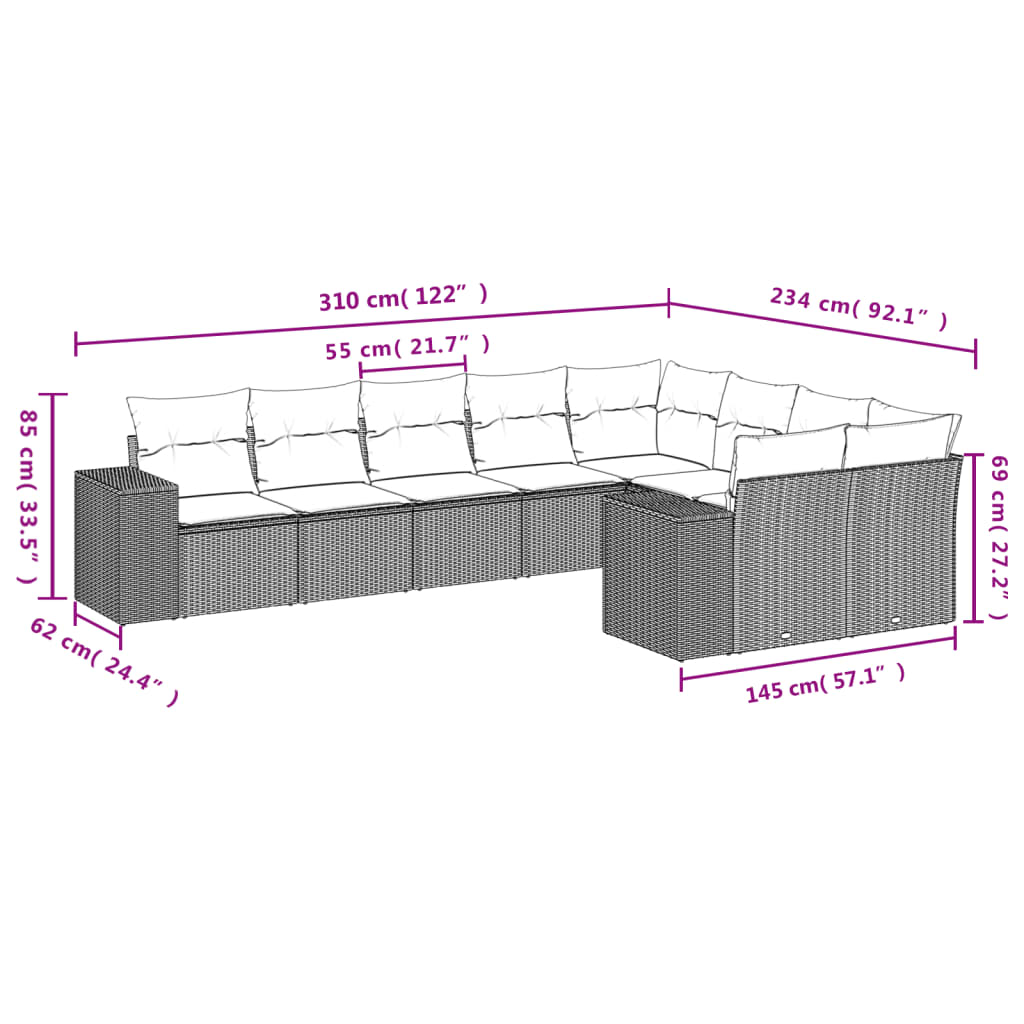 Set Divano da Giardino 9 pz con Cuscini Beige in Polyrattancod mxl 113205