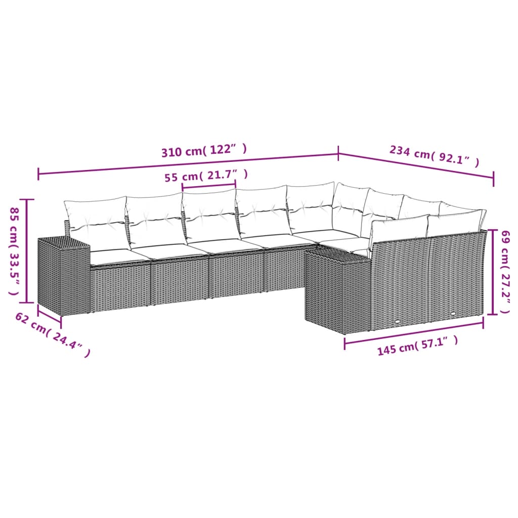 Set Divano da Giardino 9pz con Cuscini Grigio Chiaro Polyrattan 3255379