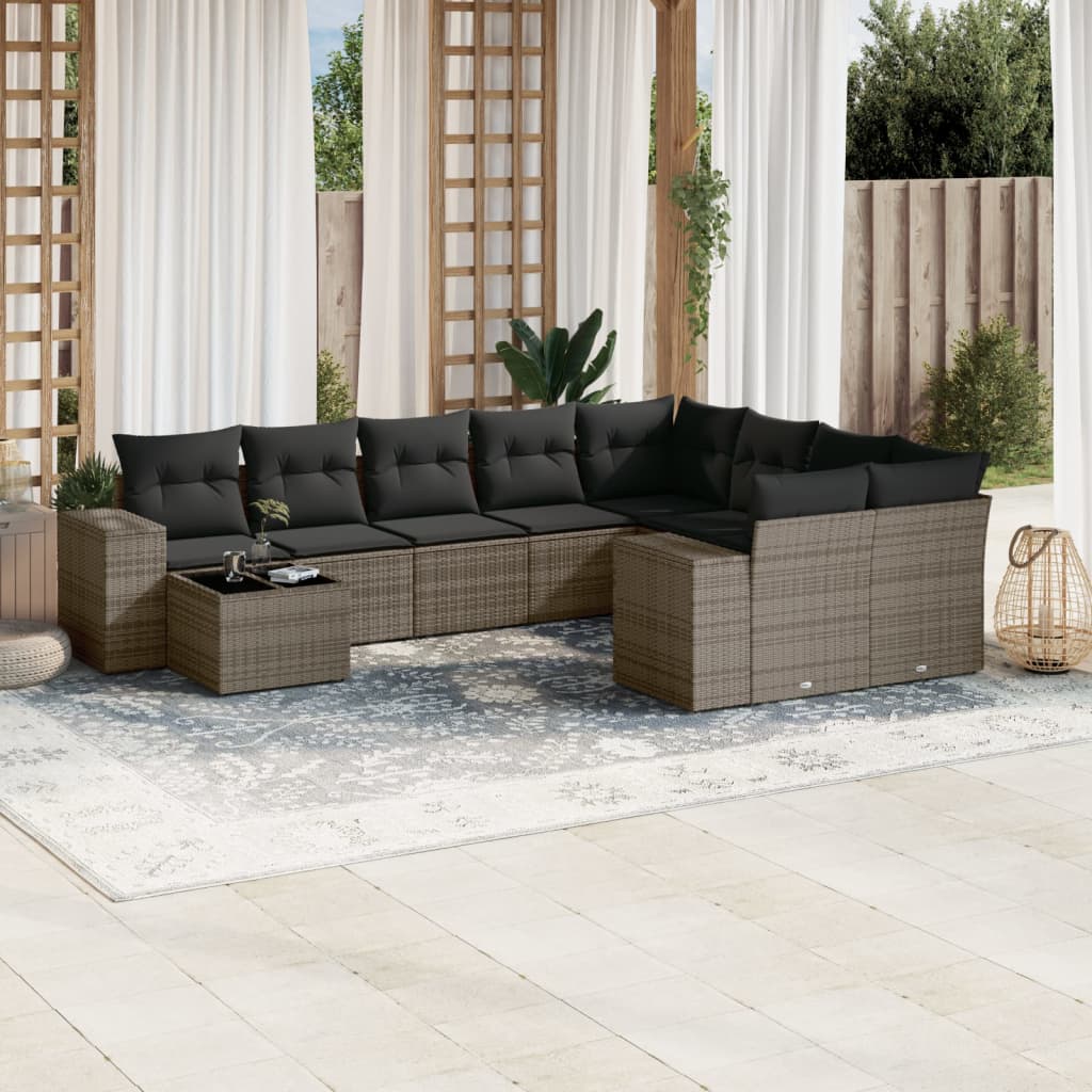 Set Divano da Giardino 10 pz con Cuscini Grigio in Polyrattan 3255397