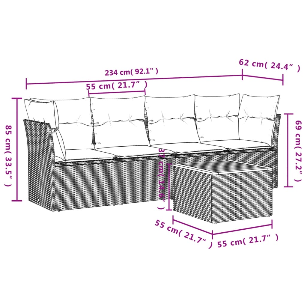 Set Divani da Giardino 5 pz con Cuscini in Polyrattan Nero 3255804