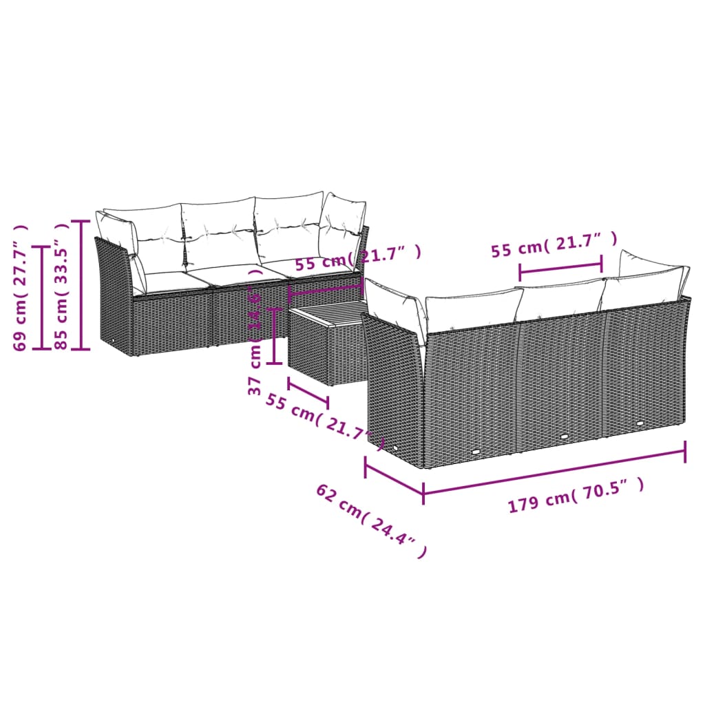 Set Divani da Giardino 7 pz con Cuscini Grigio in Polyrattan 3255822