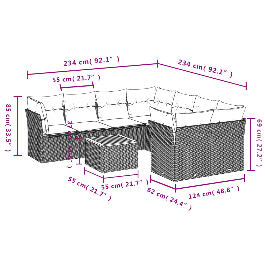 Set Divani da Giardino 9 pz con Cuscini Nero in Polyrattan 3255859