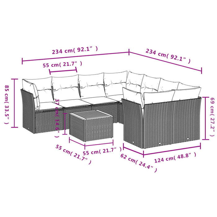 Set Divano da Giardino 9 pz con Cuscini Beige Misto Polyrattan 3255863