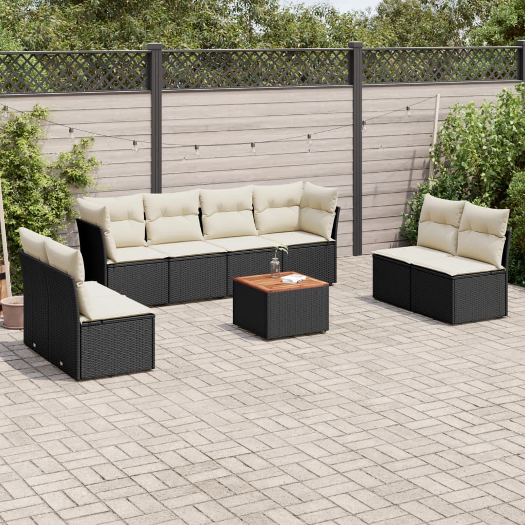 Set Divani da Giardino 9 pz con Cuscini Nero in Polyrattan 3255909