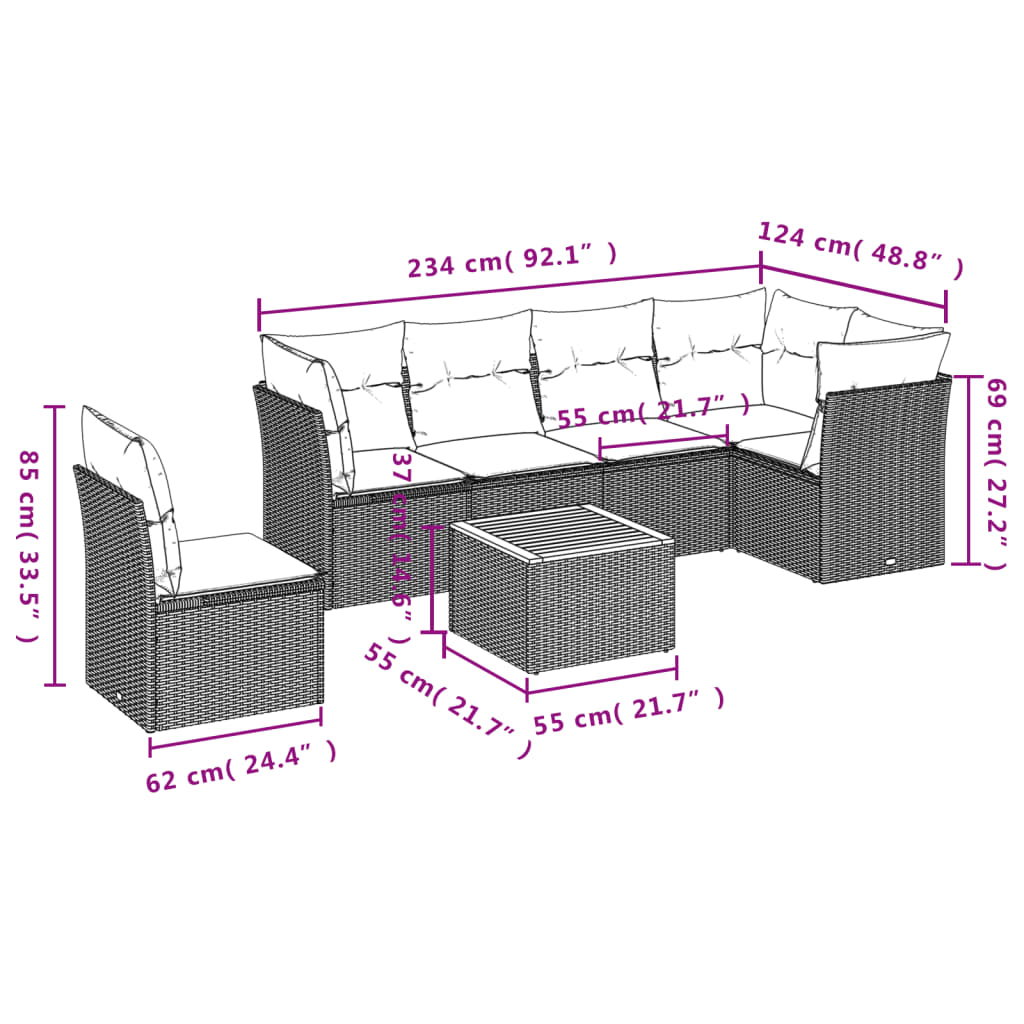 Set Divani da Giardino 7 pz con Cuscini Beige in Polyrattan 3255995