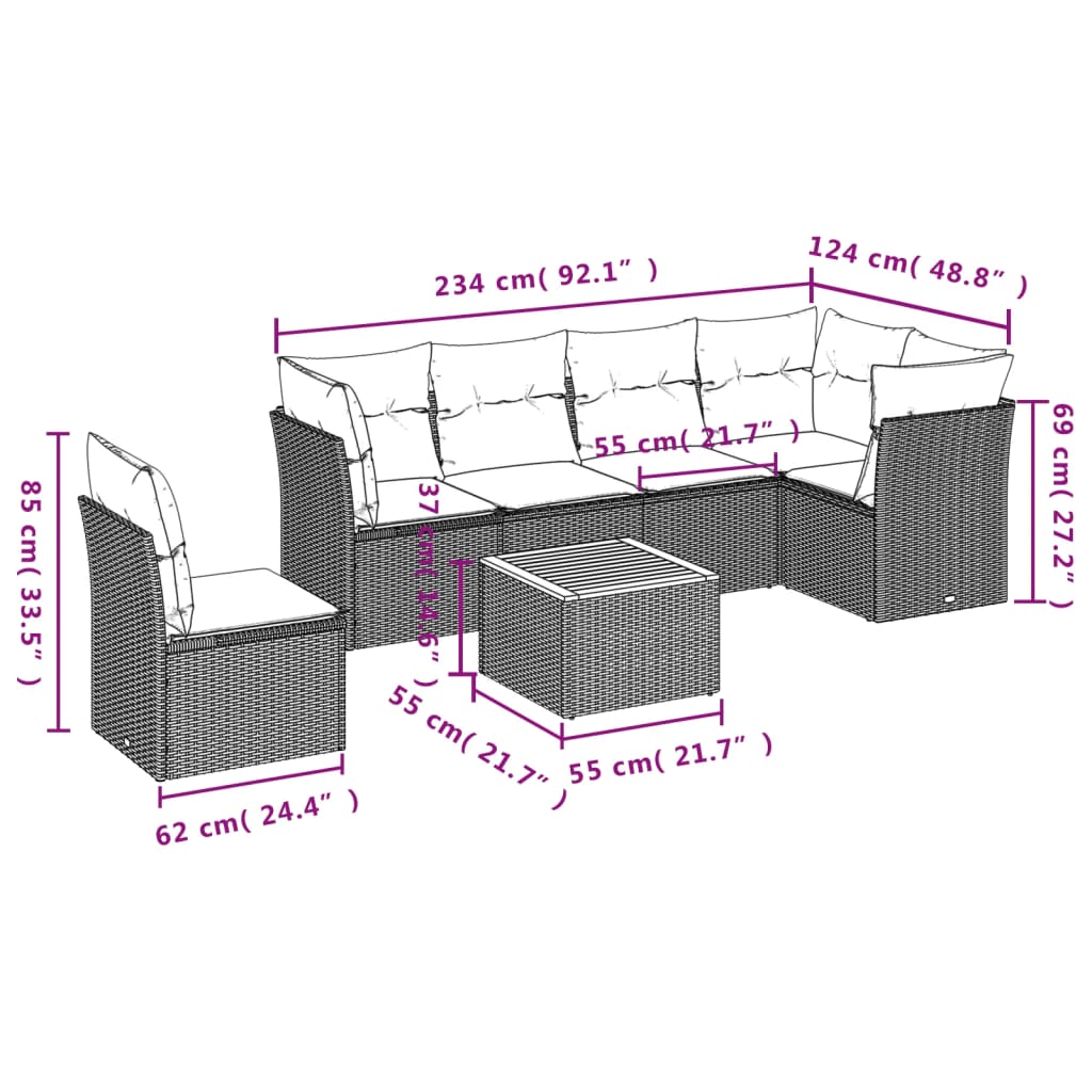 Set Divano da Giardino 7 pz con Cuscini Beige Misto Polyrattan 3255996