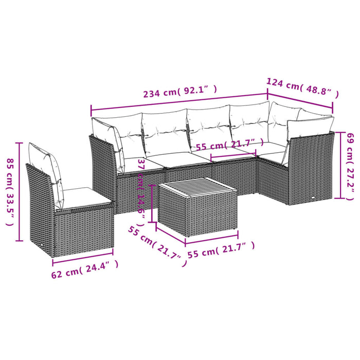 Set Divani da Giardino 7 pz con Cuscini Grigio in Polyrattan 3255997