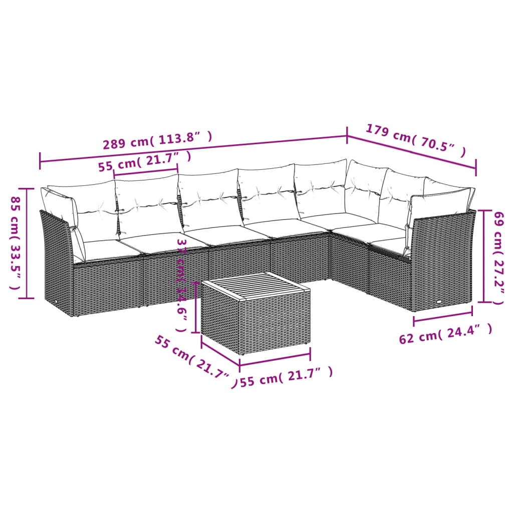 Set Divano da Giardino 8 pz con Cuscini Beige in Polyrattan 3256009