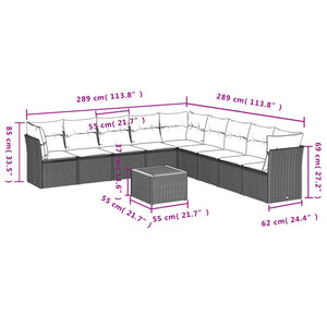 Set Divani da Giardino 10pz con Cuscini in Polyrattan Nero 3256020