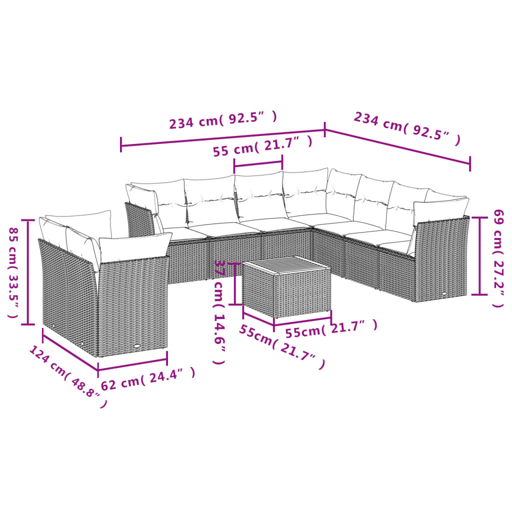 Set Divano da Giardino 11 pz con Cuscini Beige Misto Polyrattan 3256045