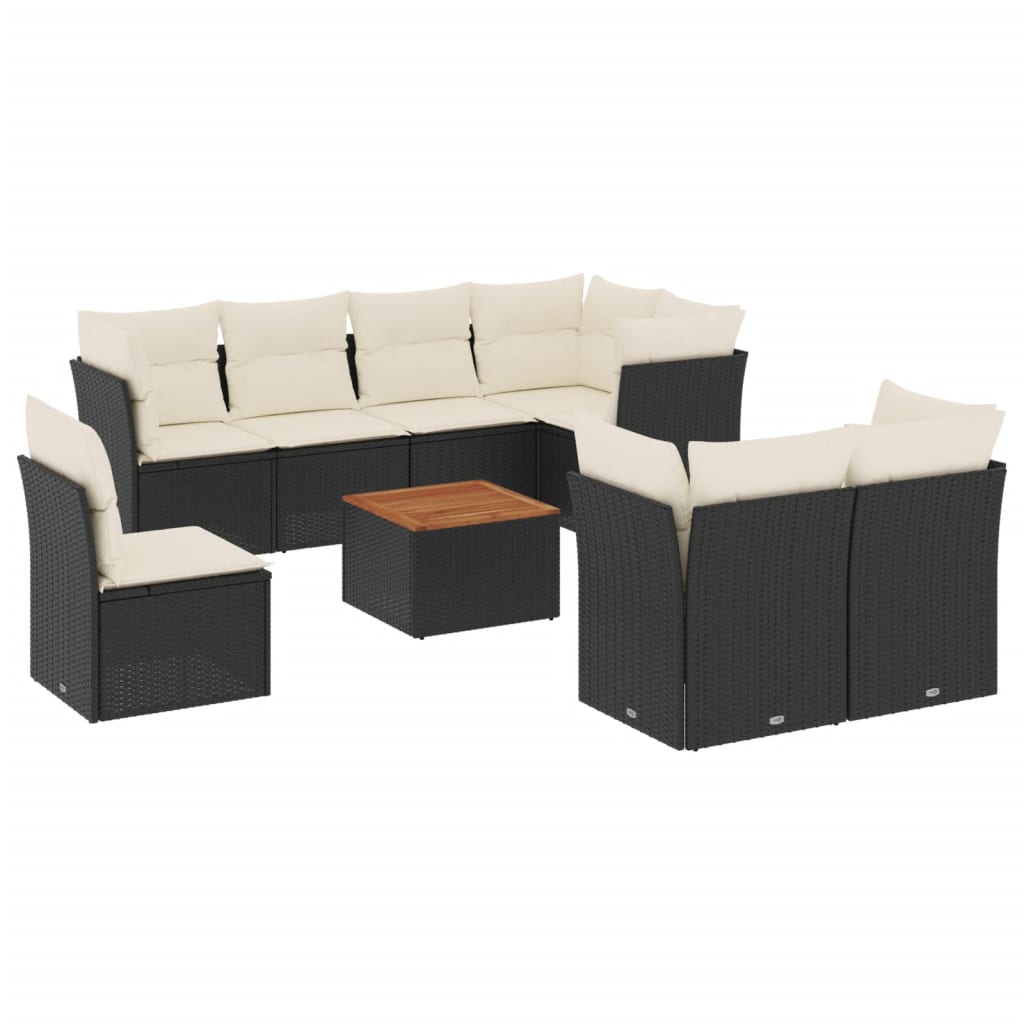 Set Divani da Giardino 9 pz con Cuscini Nero in Polyrattan 3256070