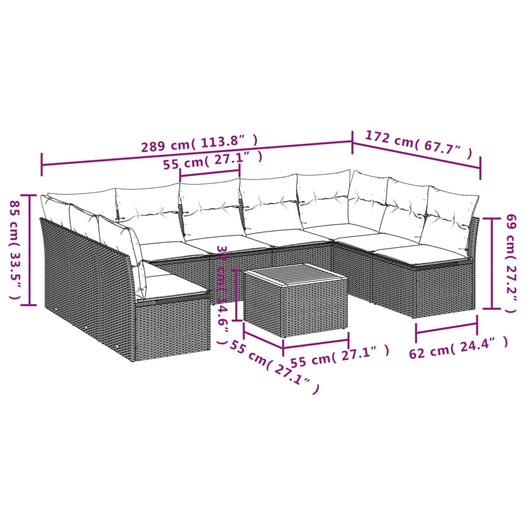 Set Divani da Giardino 10pz con Cuscini in Polyrattan Nero 3256118