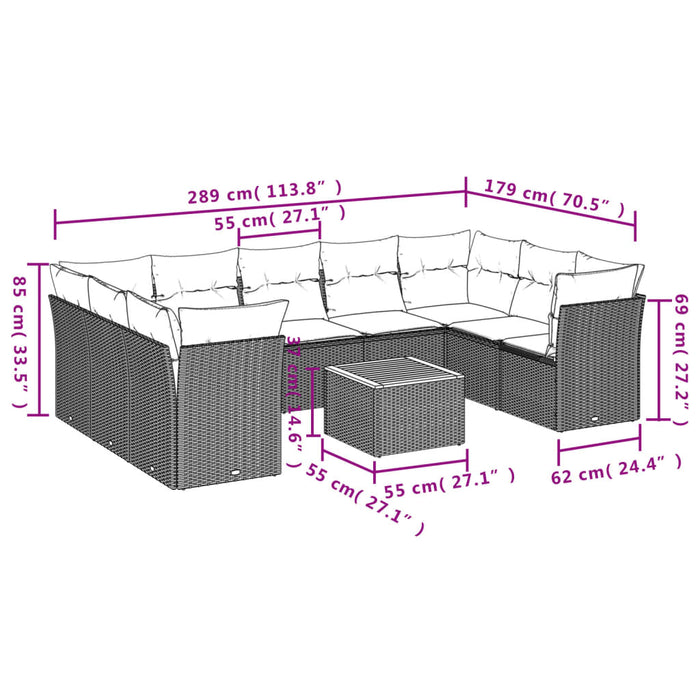 Set Divani da Giardino 10pz con Cuscini in Polyrattan Nero 3256132