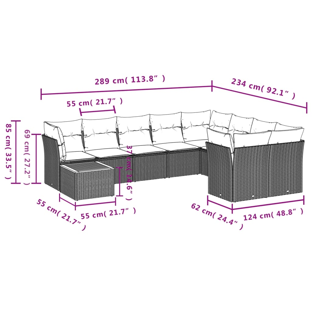 Set Divani da Giardino 10pz con Cuscini in Polyrattan Nero 3256153