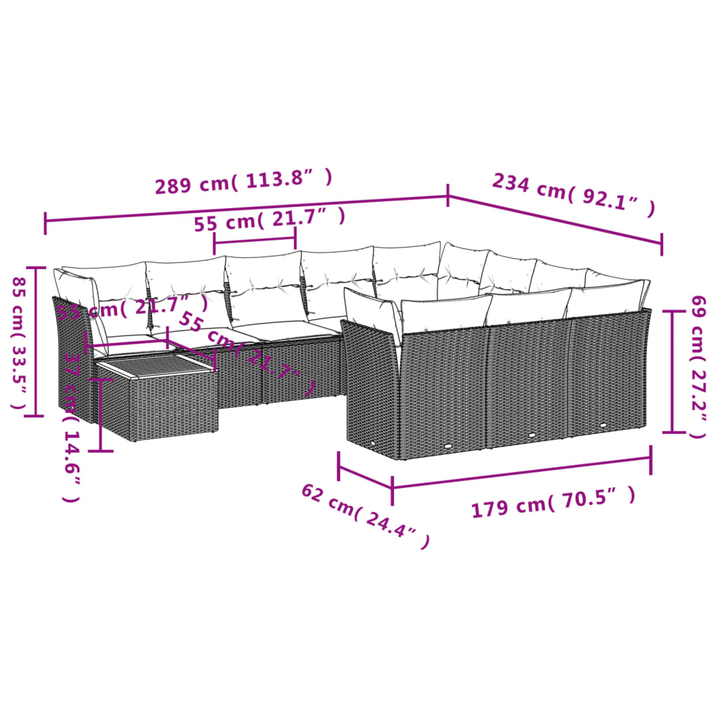 Set Divani da Giardino 11 pz con Cuscini in Polyrattan Grigio 3256179