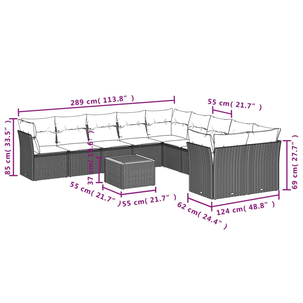 Set Divani da Giardino 11 pz con Cuscini in Polyrattan Nero 3256182