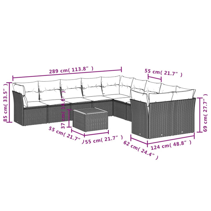 Set Divani da Giardino 11 pz con Cuscini Beige in Polyrattan 3256184