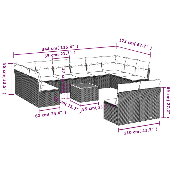 Set Divani da Giardino 13 pz con Cuscini Grigio in Polyrattan 3256228