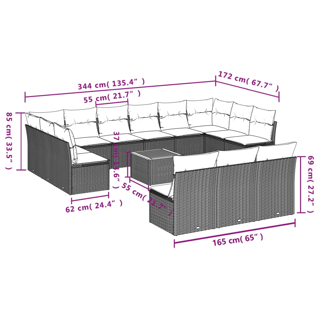 Set Divani da Giardino 14pz con Cuscini in Polyrattan Nero 3256231