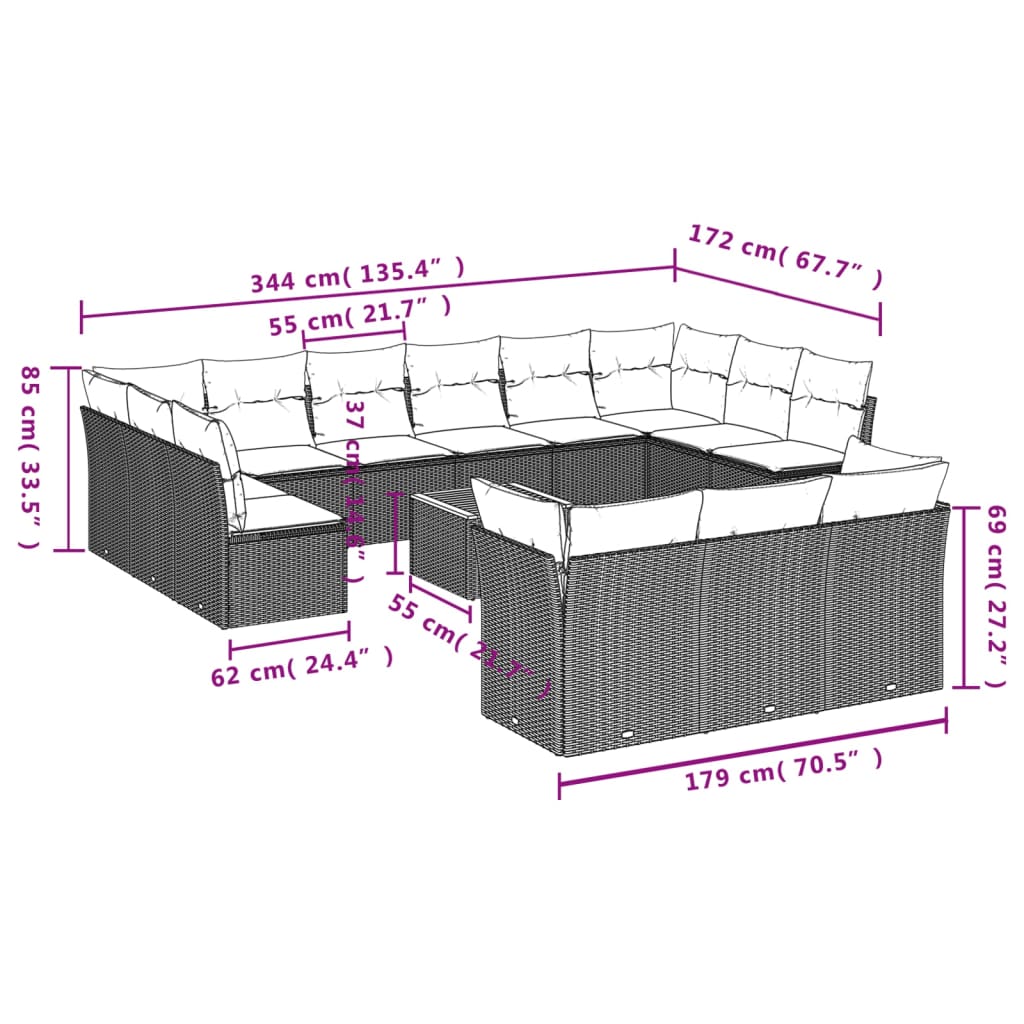 Set Divano da Giardino 14 pz con Cuscini Beige Misto Polyrattan 3256255