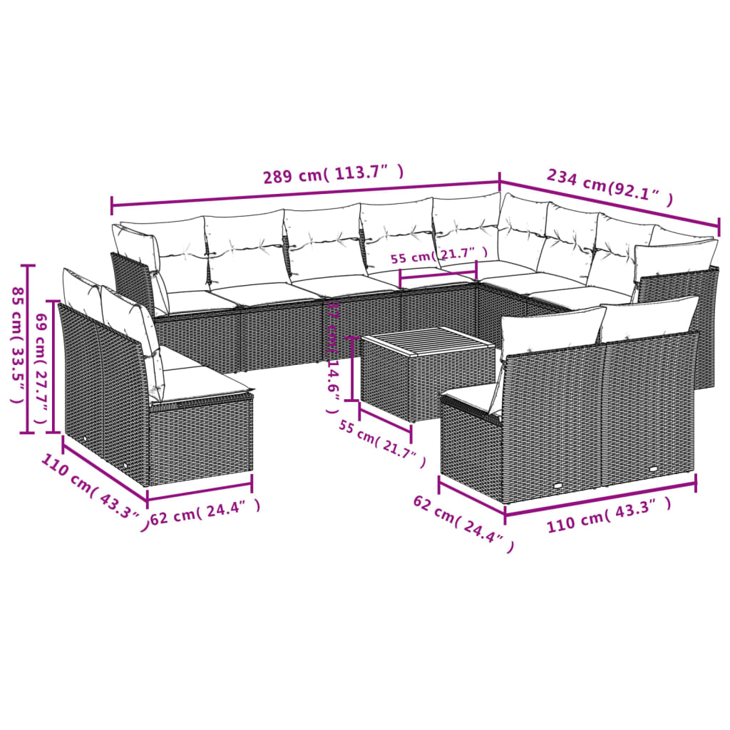 Set Divani da Giardino 13 pz con Cuscini Grigio in Polyrattan 3256263