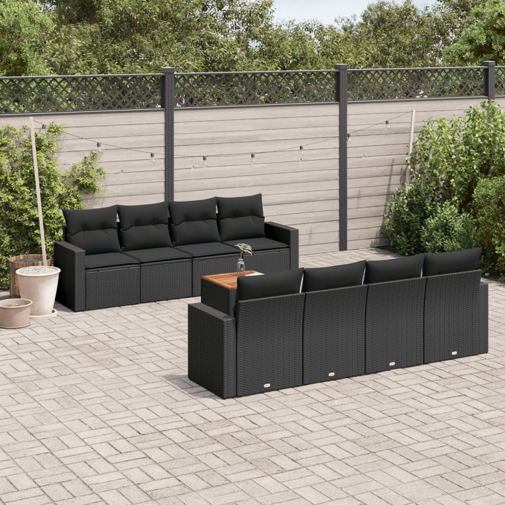 Set Divani da Giardino 9 pz con Cuscini Nero in Polyrattan 3256370