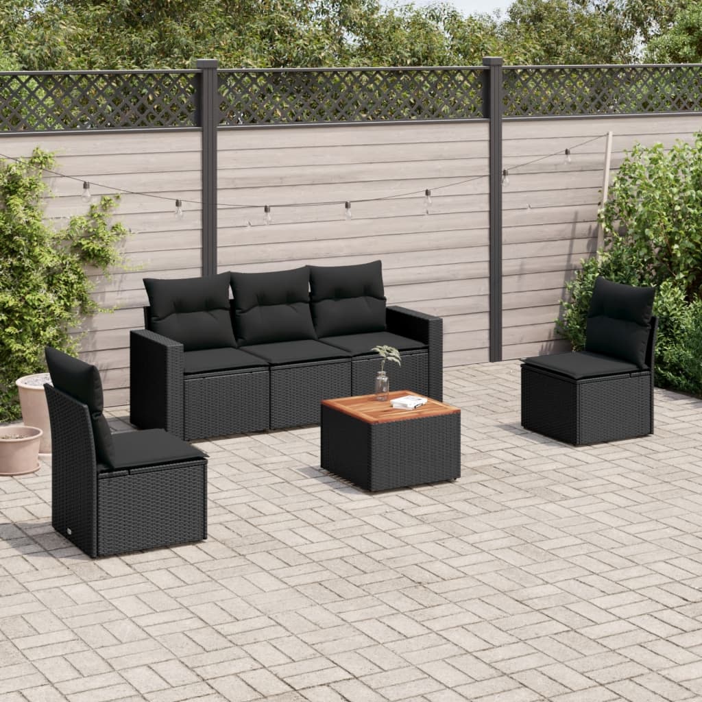 Set Divano da Giardino 6 pz con Cuscini Nero in Polyrattan 3256391