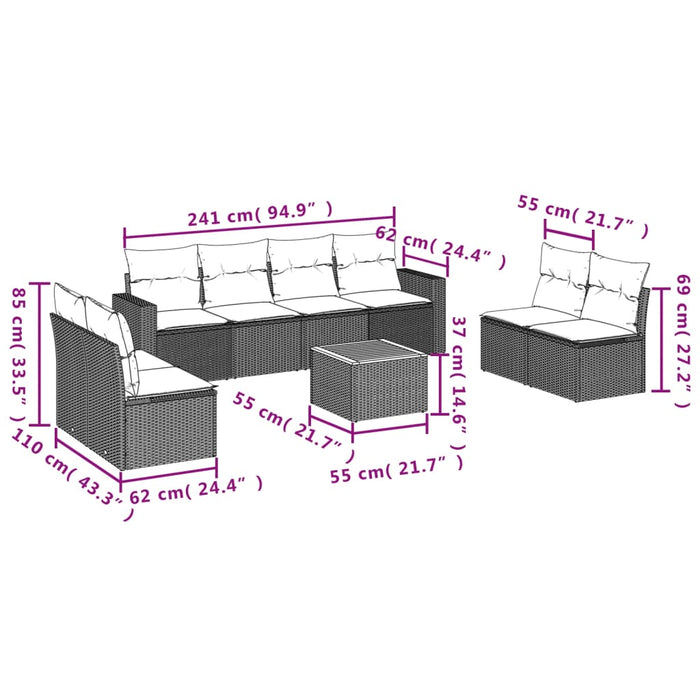 Set Divano da Giardino 9 pz con Cuscini Grigio in Polyrattan 3256417