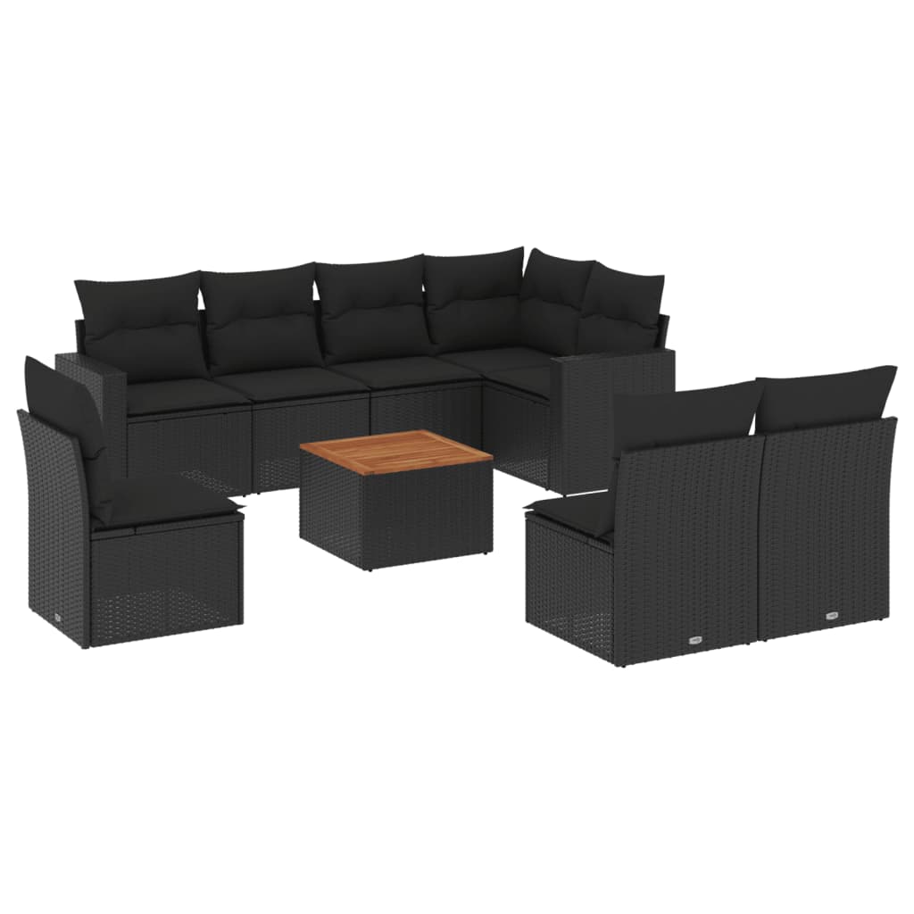 Set Divani da Giardino 9 pz con Cuscini Nero in Polyrattan 3256489