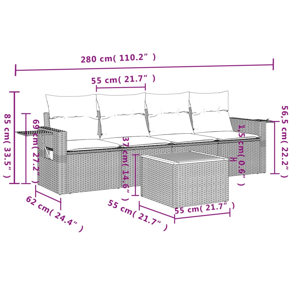 Set Divano da Giardino 5 pz con Cuscini Beige in Polyrattan 3256772