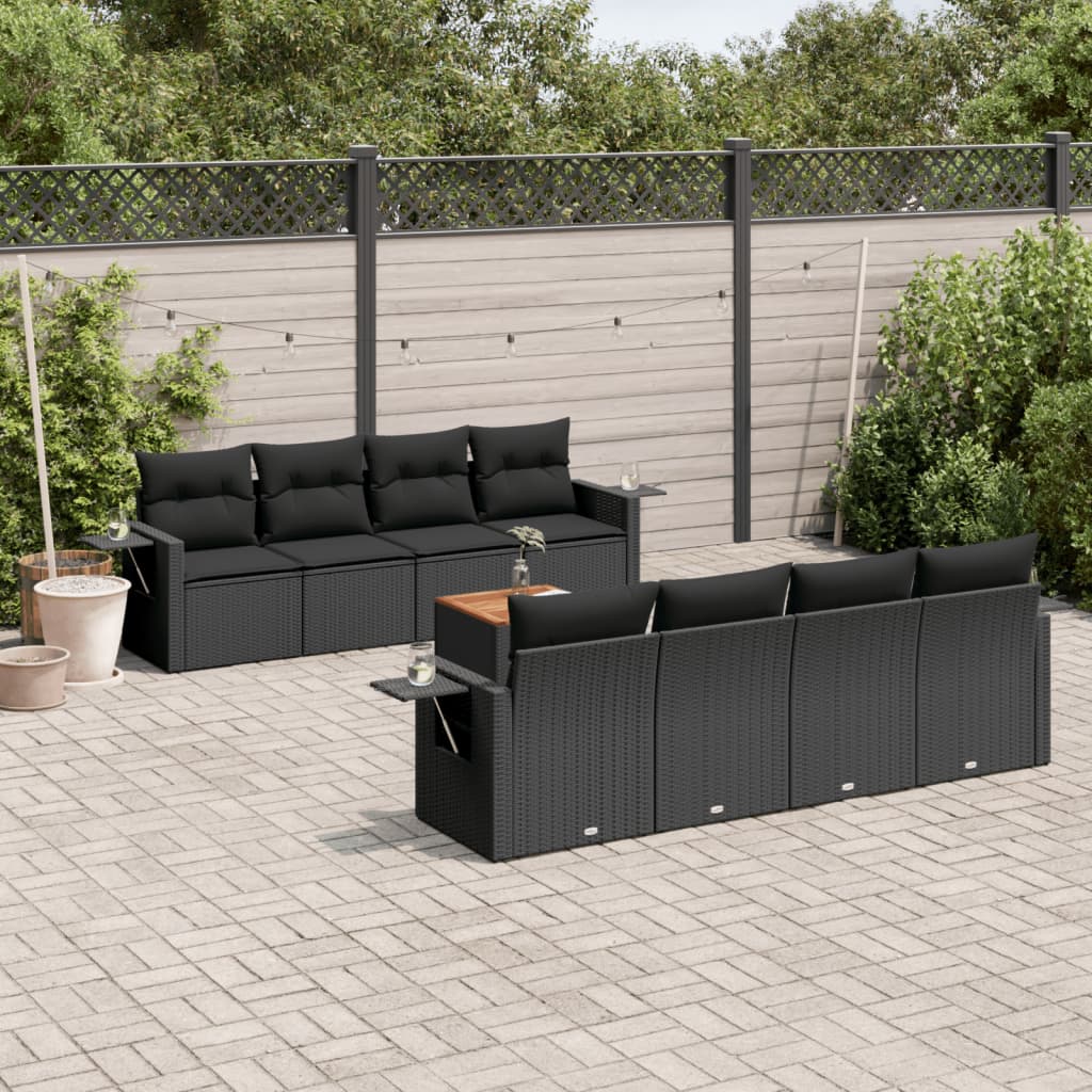 Set Divani da Giardino 9 pz con Cuscini Nero in Polyrattan 3256811