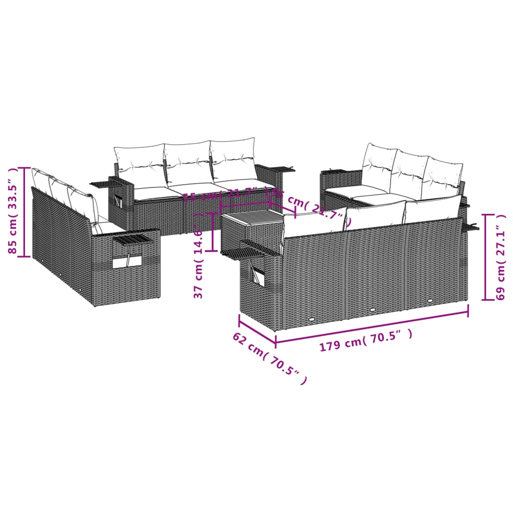 Set Divani da Giardino 13pz con Cuscini Nero in Polyrattan 3256826