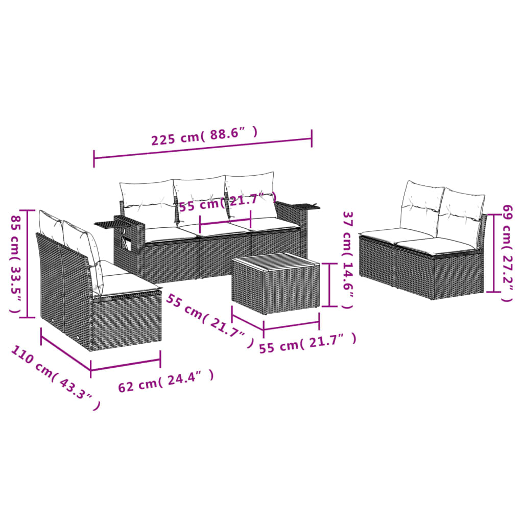 Set Divano da Giardino 8 pz con Cuscini Grigio in Polyrattancod mxl 89180