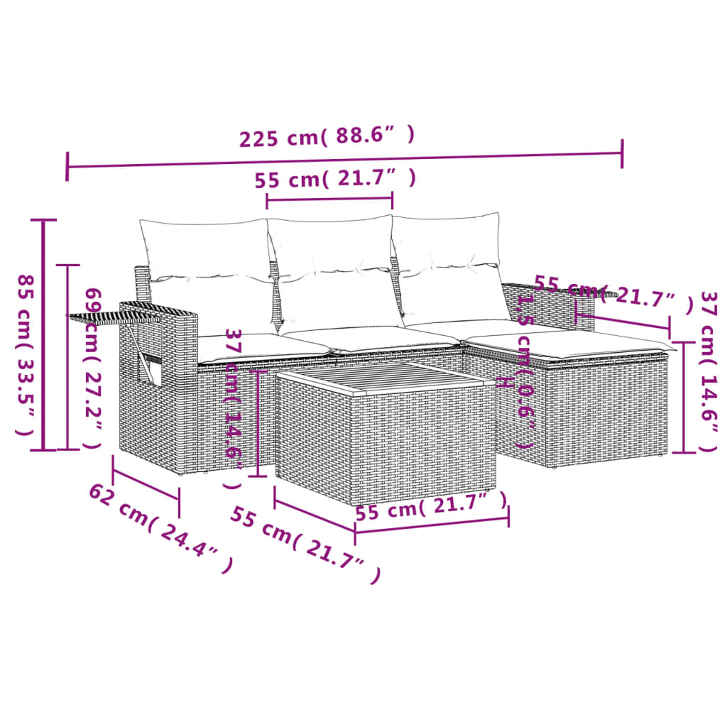 Set Divani da Giardino 5 pz con Cuscini in Polyrattan Nero 3256861