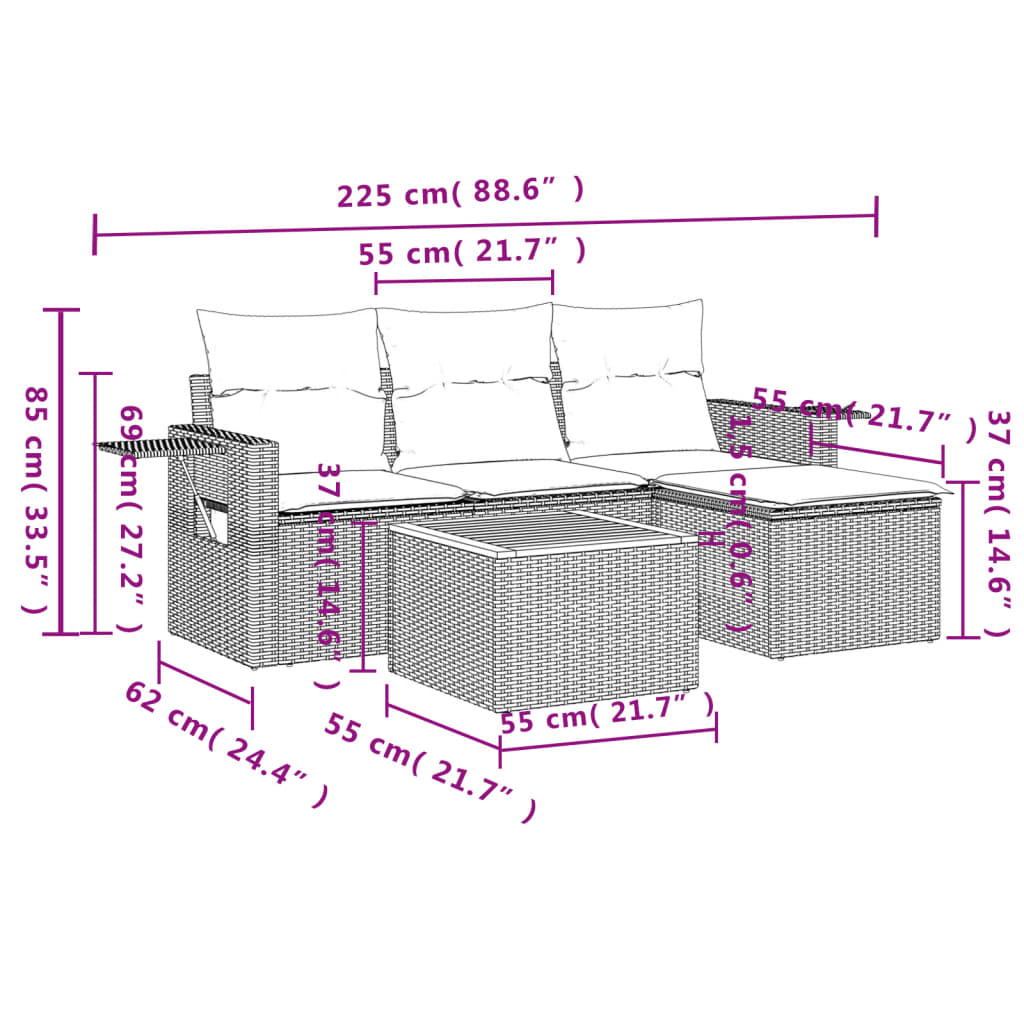 Set Divano da Giardino 5 pz con Cuscini Grigio in Polyrattan 3256865