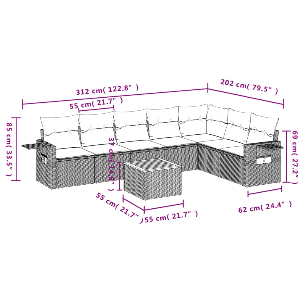 Set Divano da Giardino 8 pz con Cuscini Grigio in Polyrattancod mxl 92852