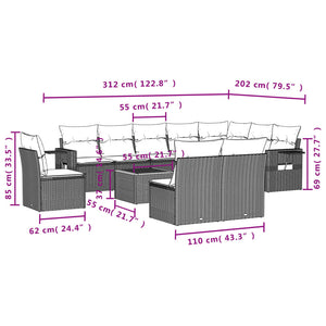 Set Divani da Giardino 11 pz con Cuscini in Polyrattan Nero 3256945