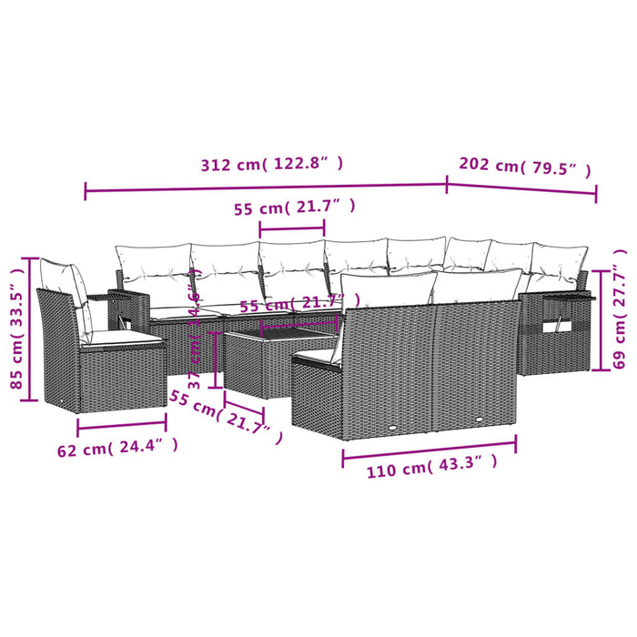 Set Divani da Giardino 11 pz con Cuscini in Polyrattan Nero 3256945