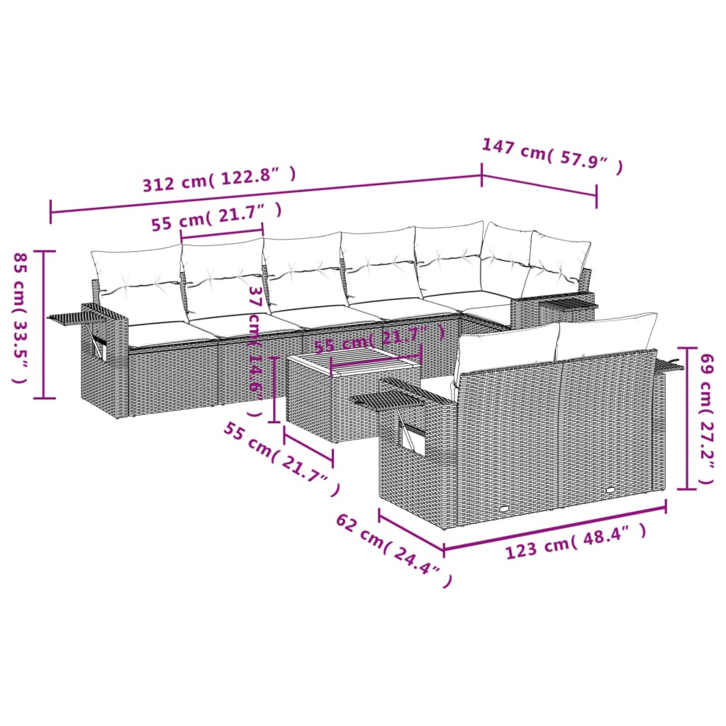 Set Divani da Giardino 9 pz con Cuscini Nero in Polyrattan 3256980