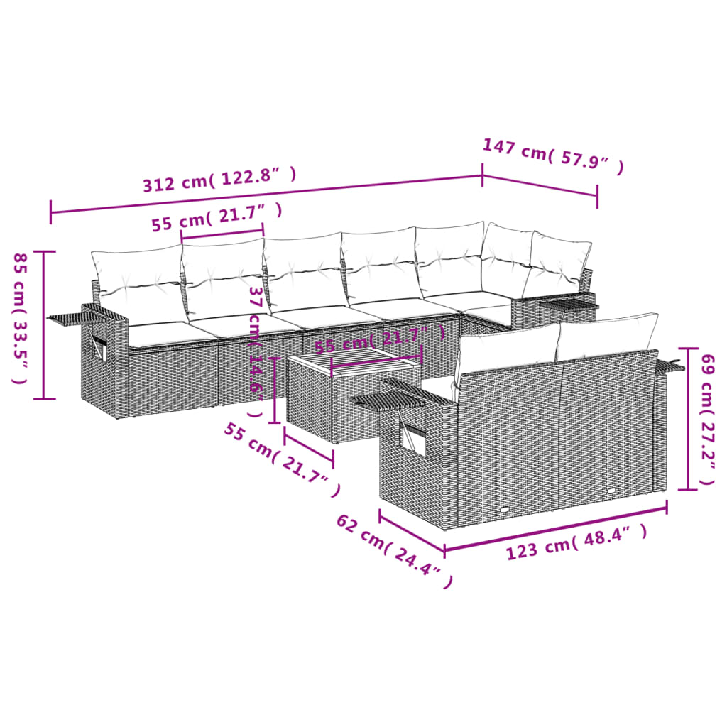 Set Divano da Giardino 9 pz con Cuscini Beige Misto Polyrattan 3256983