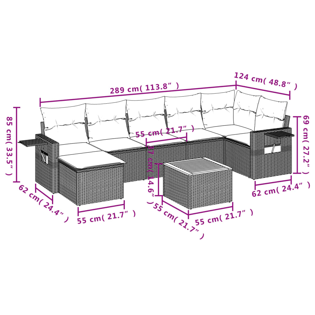 Set Divano da Giardino 8 pz con Cuscini Grigio in Polyrattan 3257005