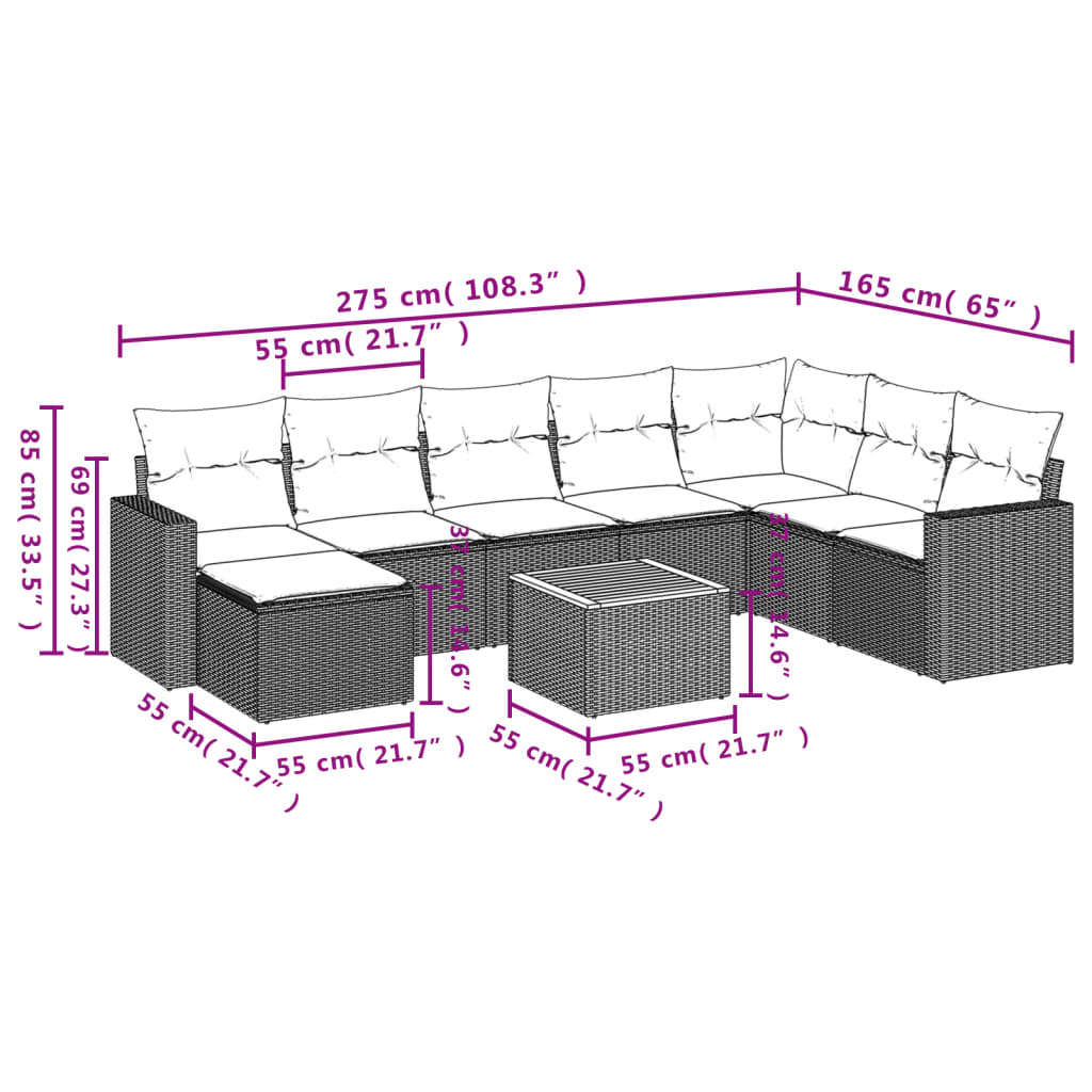 Set Divani da Giardino 9 pz con Cuscini Nero in Polyrattancod mxl 117053