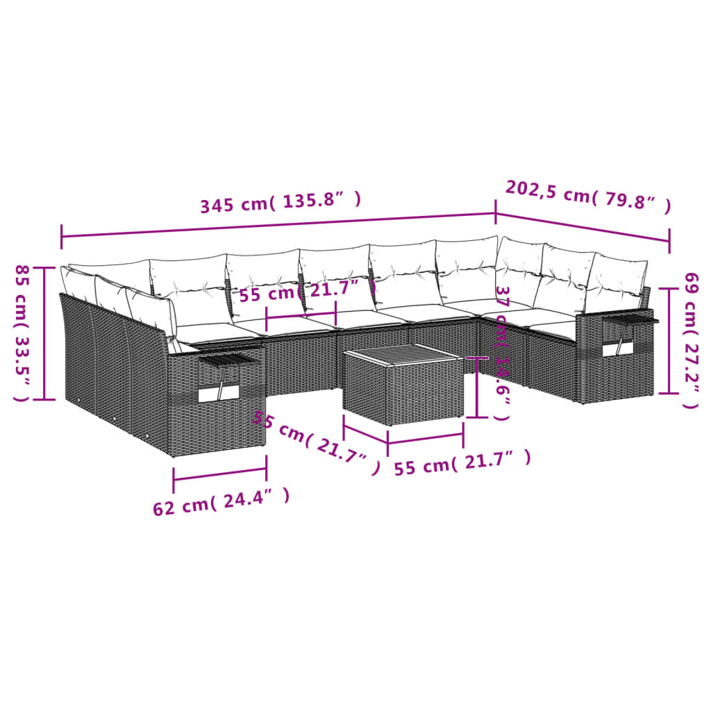 Set Divani da Giardino 11 pz con Cuscini in Polyrattan Grigiocod mxl 117124