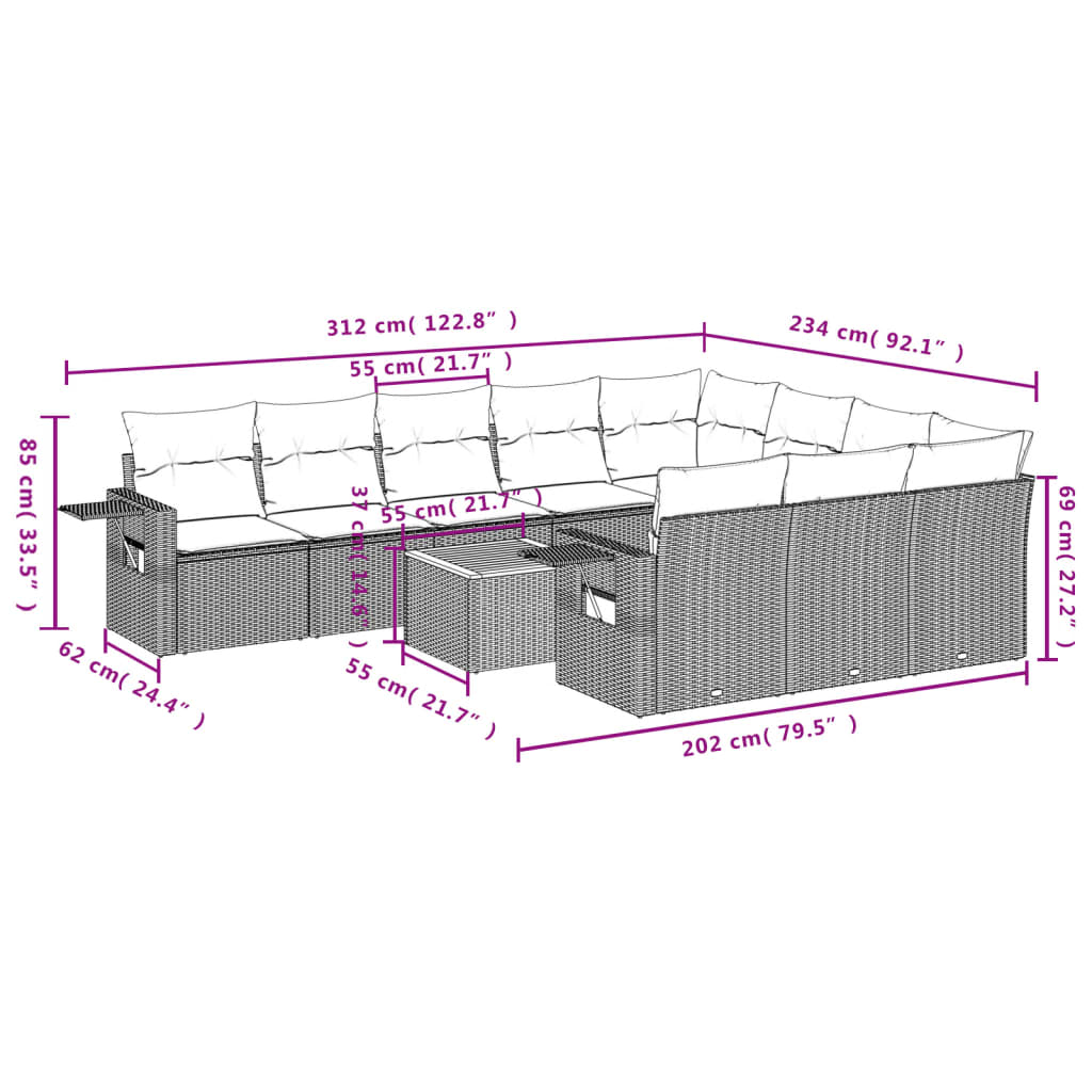 Set Divani da Giardino 11 pz con Cuscini in Polyrattan Nero 3257070