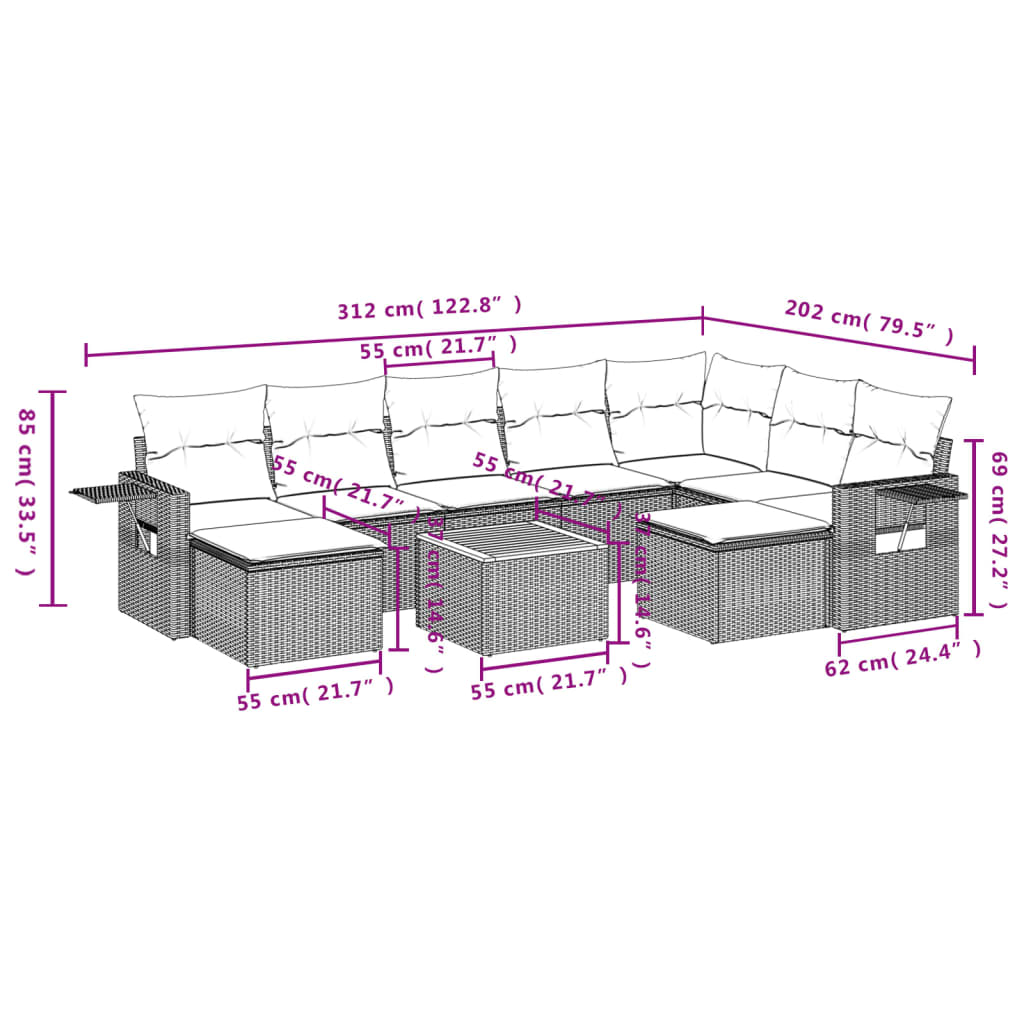 Set Divano da Giardino 10 pz con Cuscini Beige Misto Polyrattan 3257179