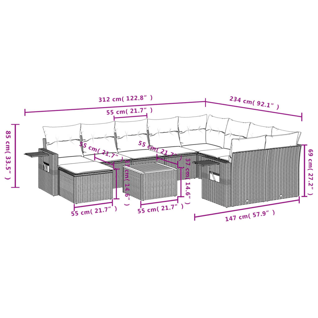 Set Divani da Giardino 11 pz con Cuscini in Polyrattan Nero 3257182